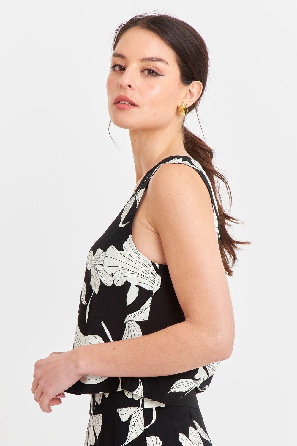 Blusa sin Mangas Negra con Flores Blancas Nicopoly-2