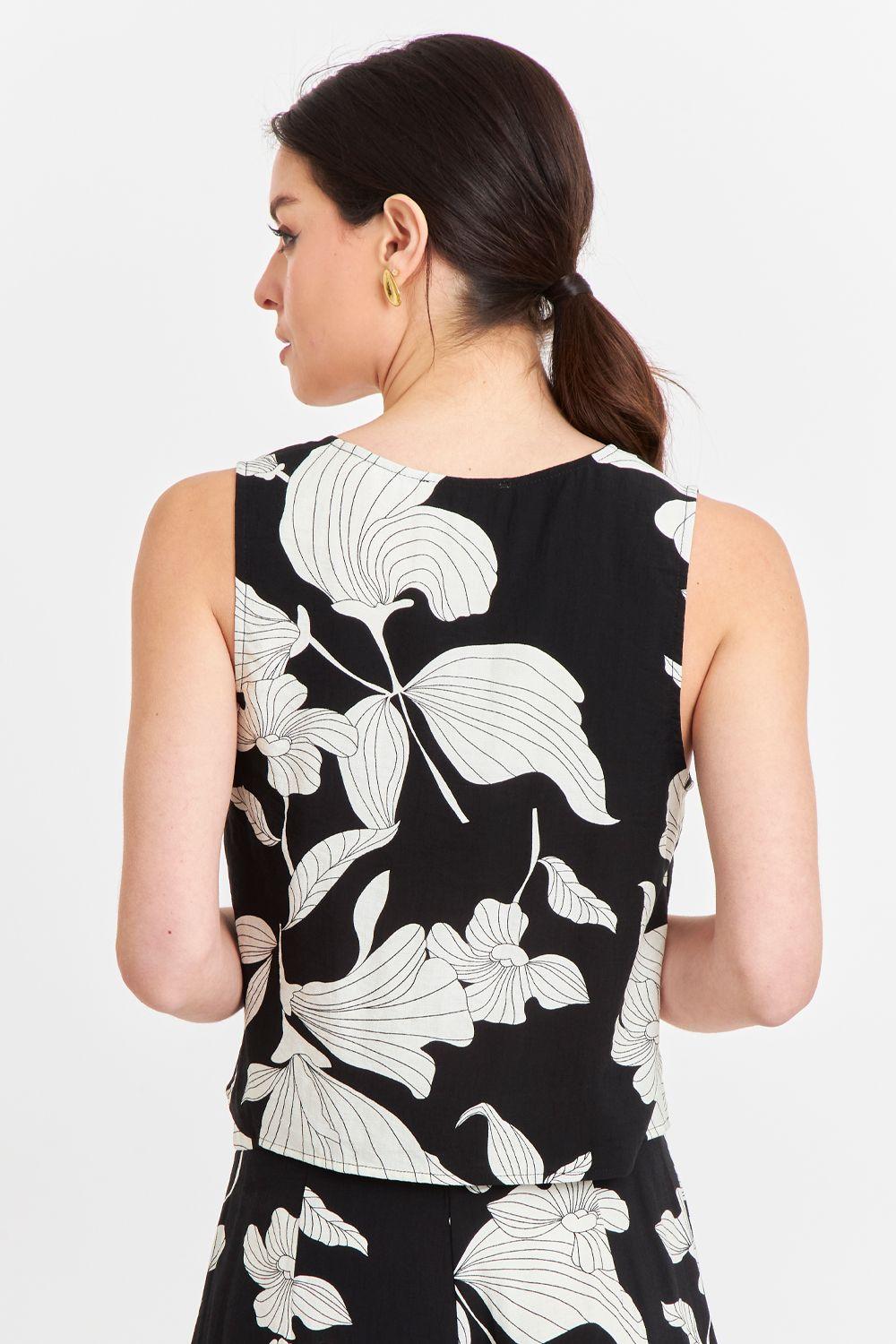 Blusa sin Mangas Negra con Flores Blancas Nicopoly-3
