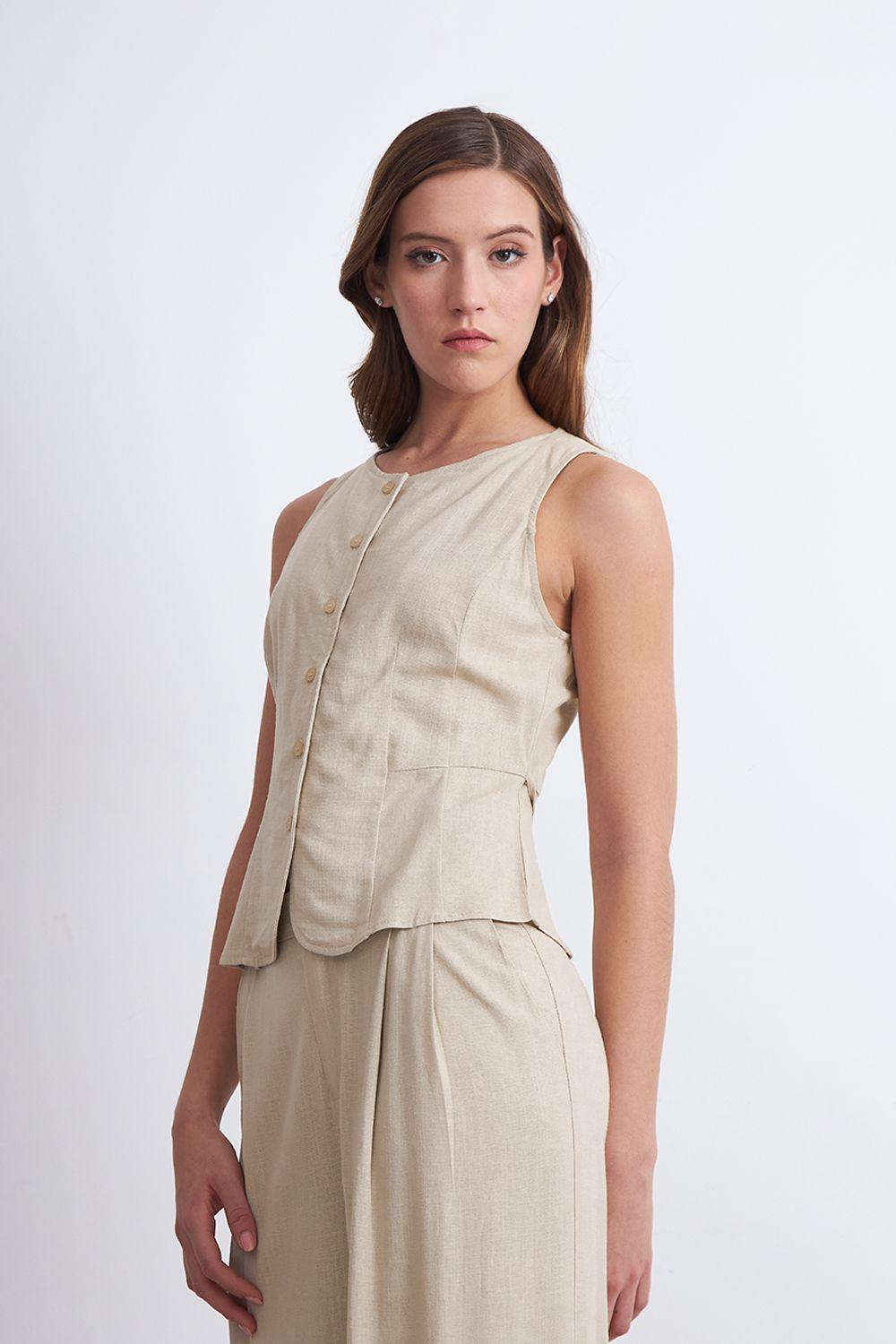 Gilet Cuello Redondo Tipo Lino Beige Nicopoly-2