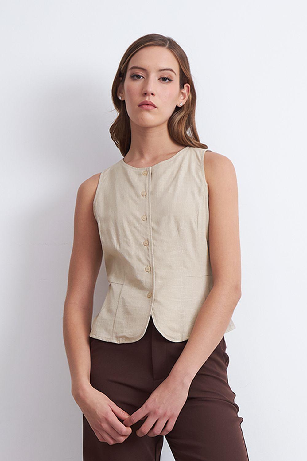 Gilet Cuello Redondo Tipo Lino Beige Nicopoly-5