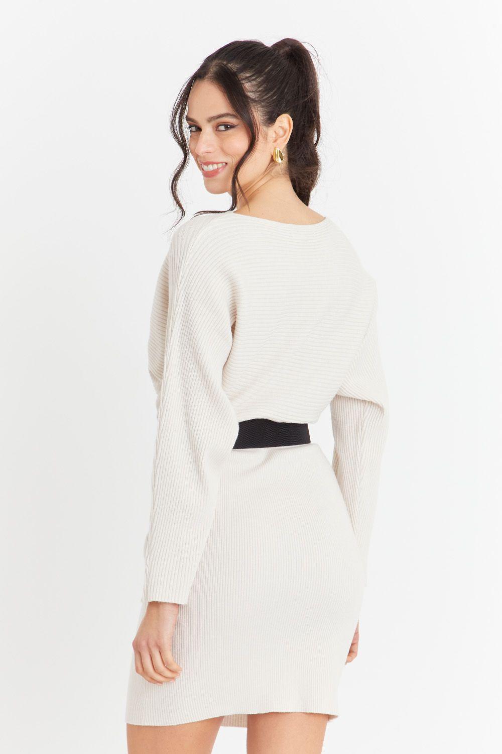 Vestido Acanalado Blanco con Cinturón-3