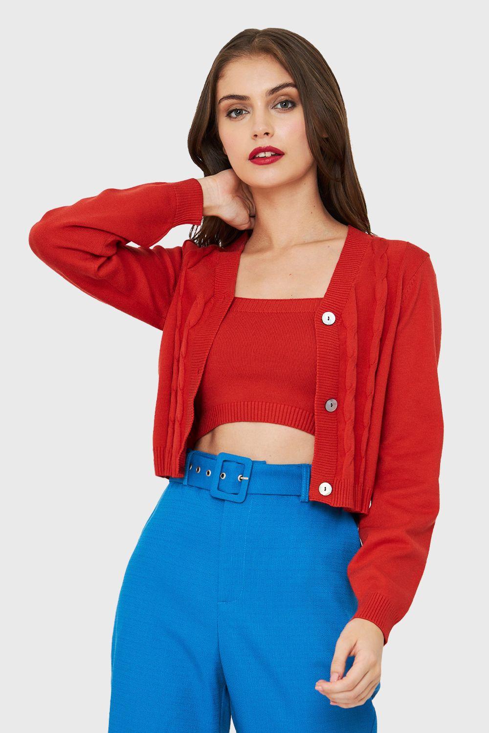 Cárdigan Crop Trenzado Naranja Nicopoly-0