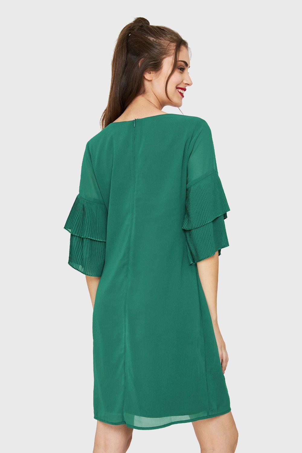 Vestido Manga Plisada Verde Esmeralda Nicopoly-3