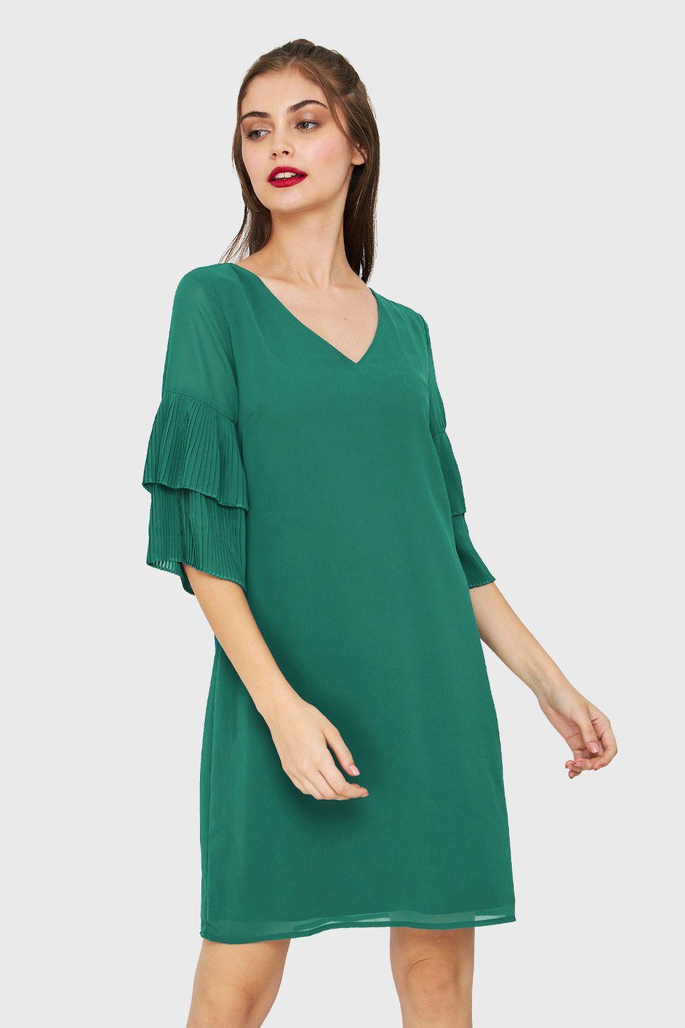 Vestido Manga Plisada Verde Esmeralda Nicopoly-4