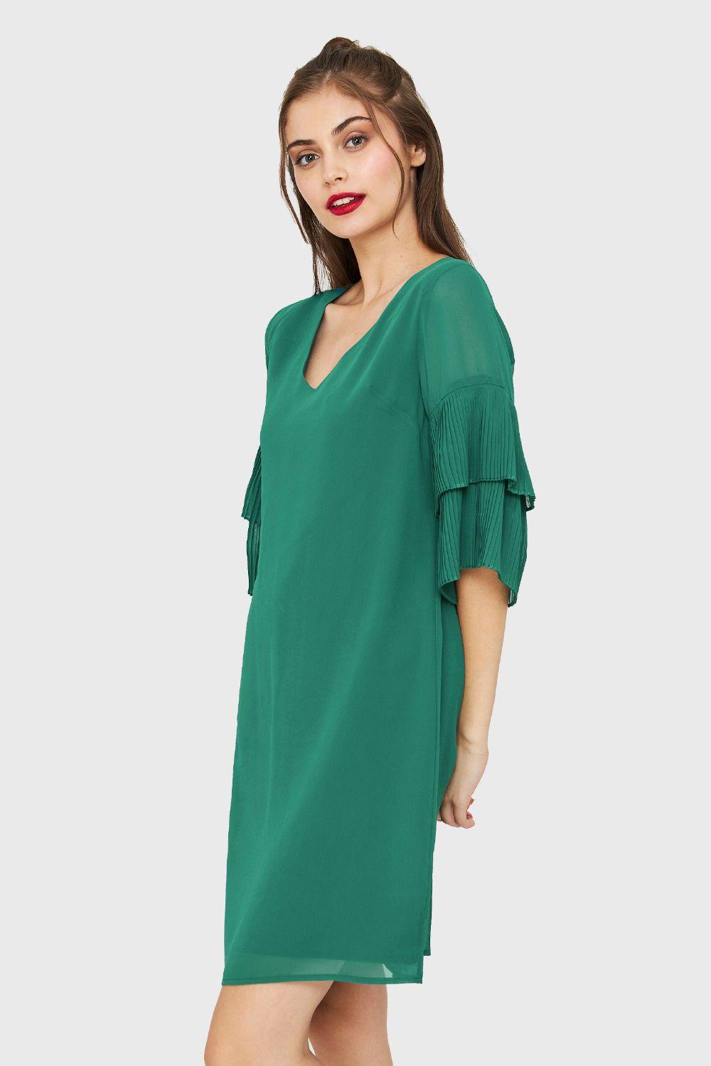 Vestido Manga Plisada Verde Esmeralda Nicopoly-2