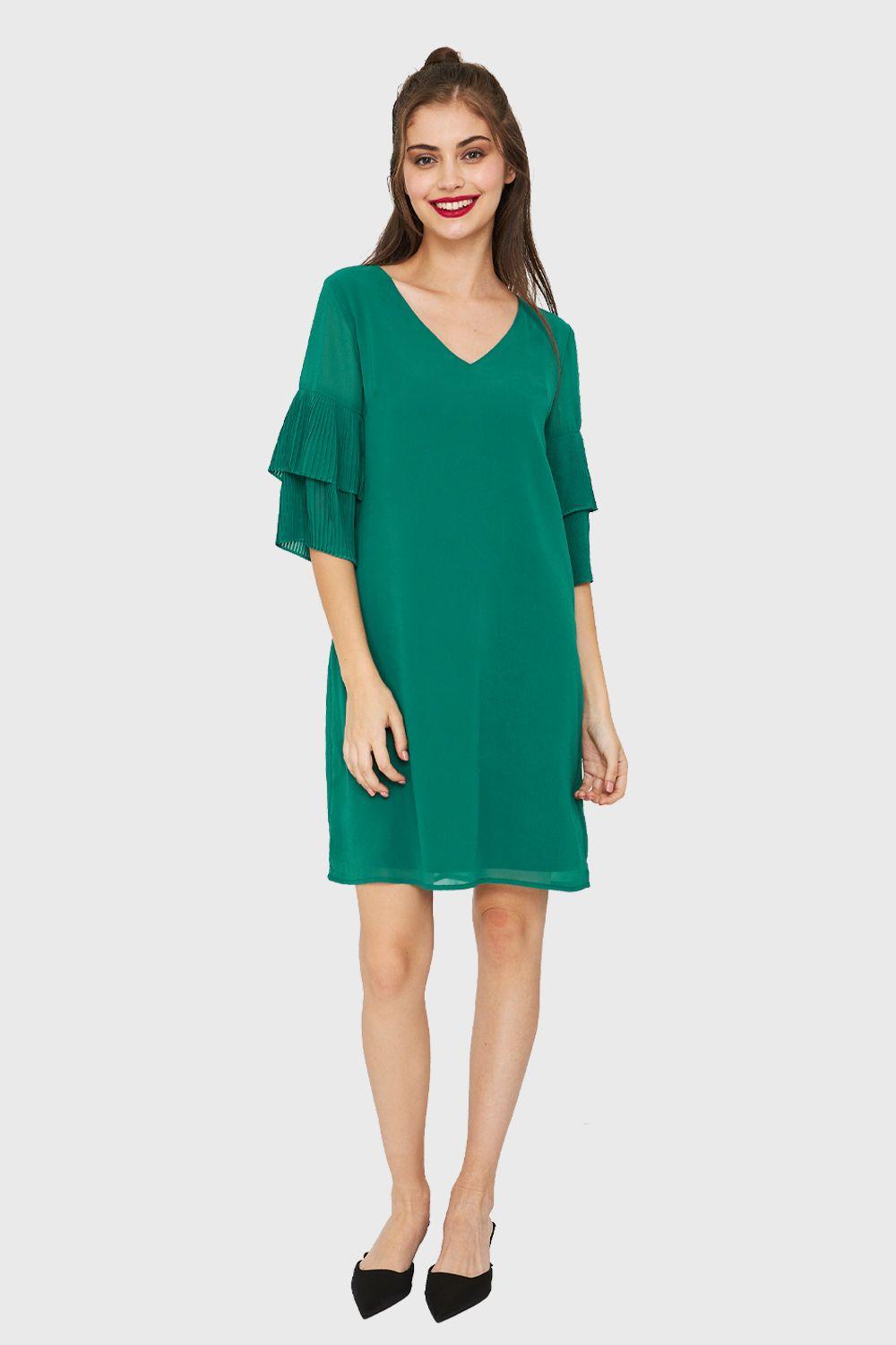 Vestido Manga Plisada Verde Esmeralda Nicopoly-1