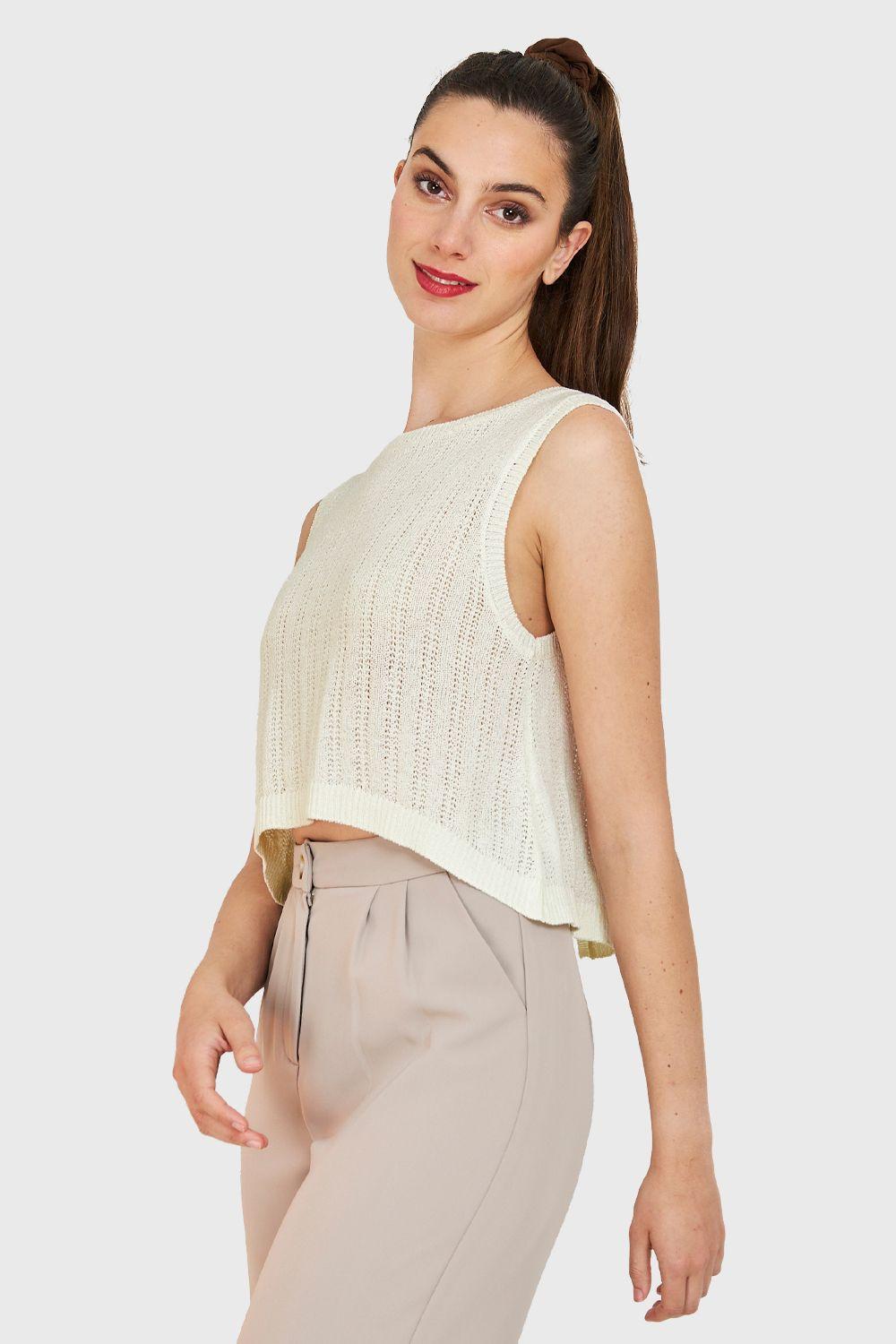 Polera Tipo Tejida Lazos Espalda Marfil Nicopoly-2