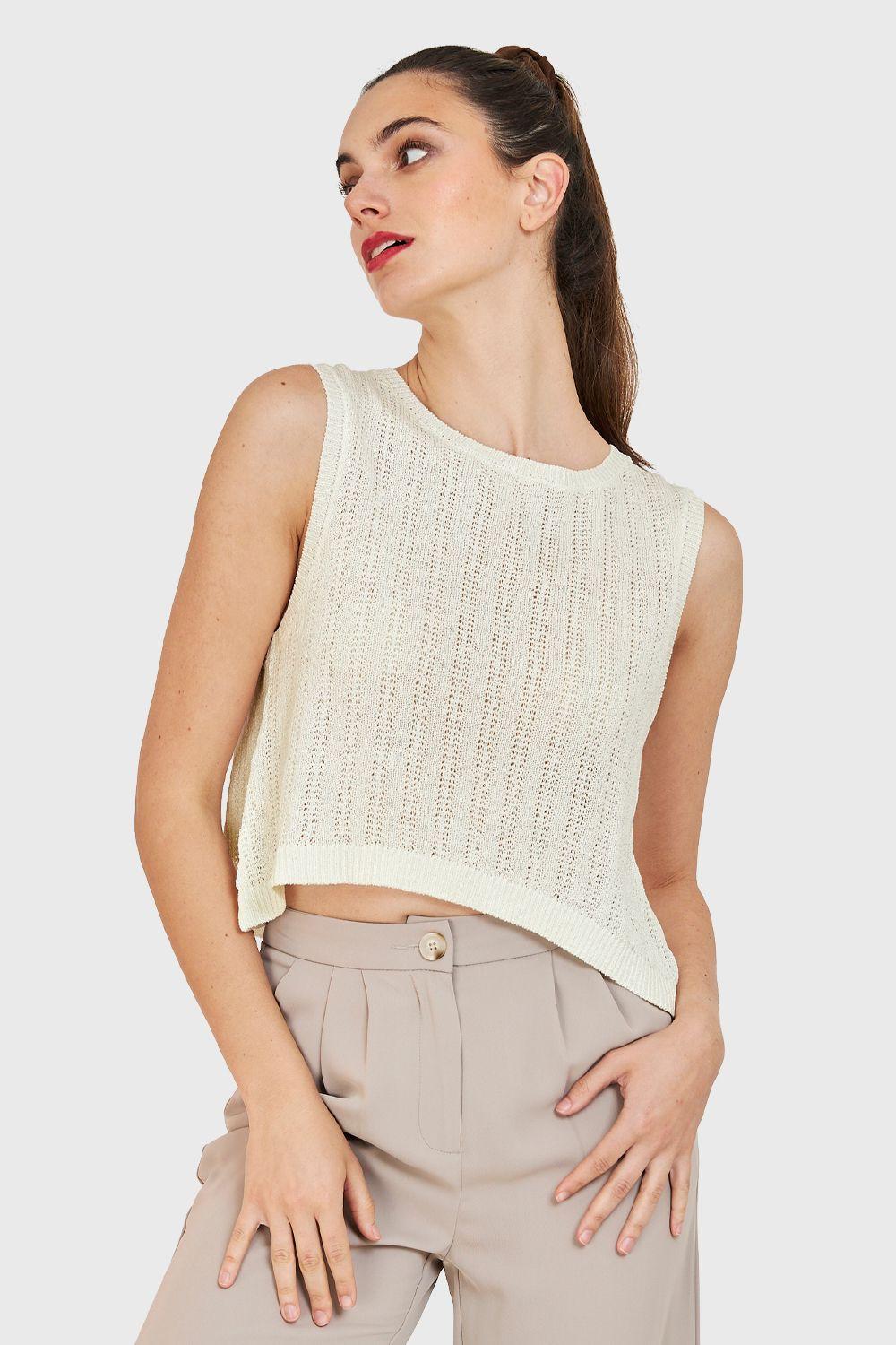 Polera Tipo Tejida Lazos Espalda Marfil Nicopoly-4