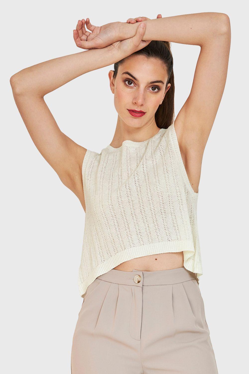 Polera Tipo Tejida Lazos Espalda Marfil Nicopoly-0