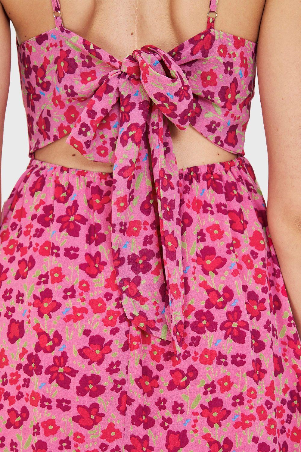 Vestido Flores Lazo Espalda Fucsia Nicopoly-5