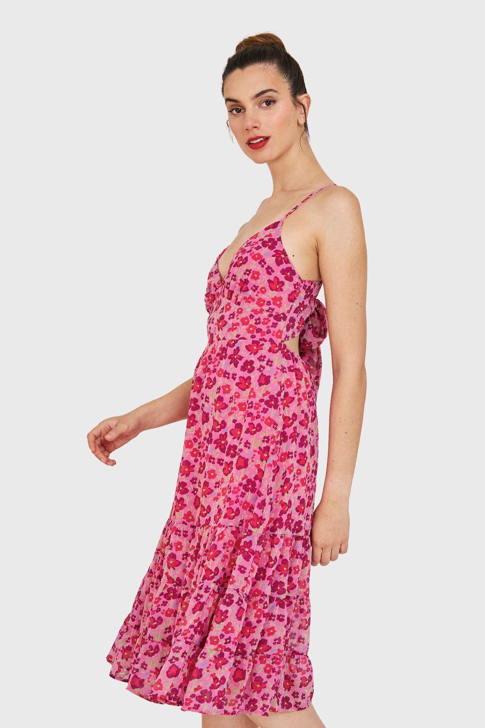 Vestido Flores Lazo Espalda Fucsia Nicopoly-2