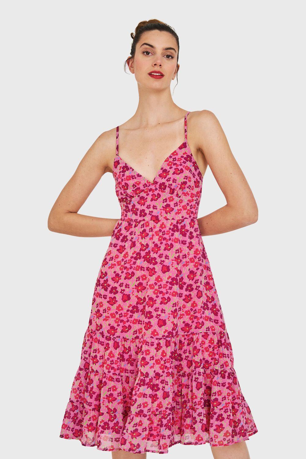 Vestido Flores Lazo Espalda Fucsia Nicopoly-4
