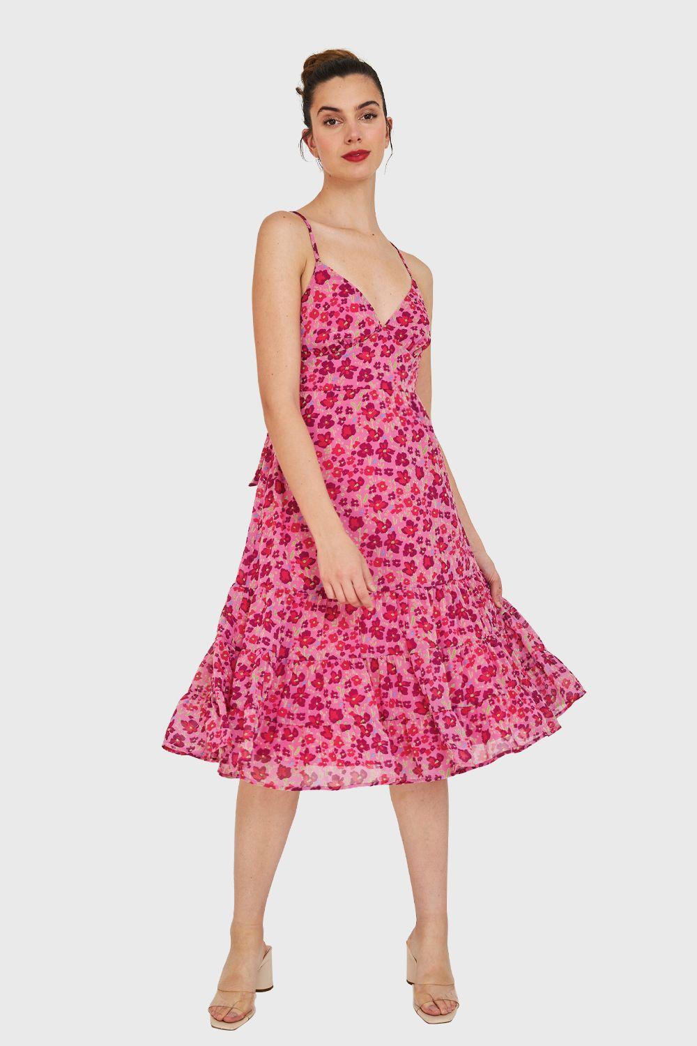 Vestido Flores Lazo Espalda Fucsia Nicopoly-1