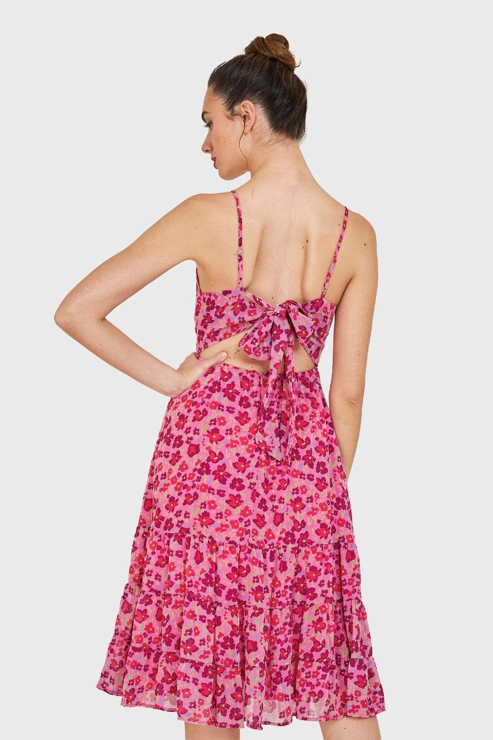 Vestido Flores Lazo Espalda Fucsia Nicopoly-3