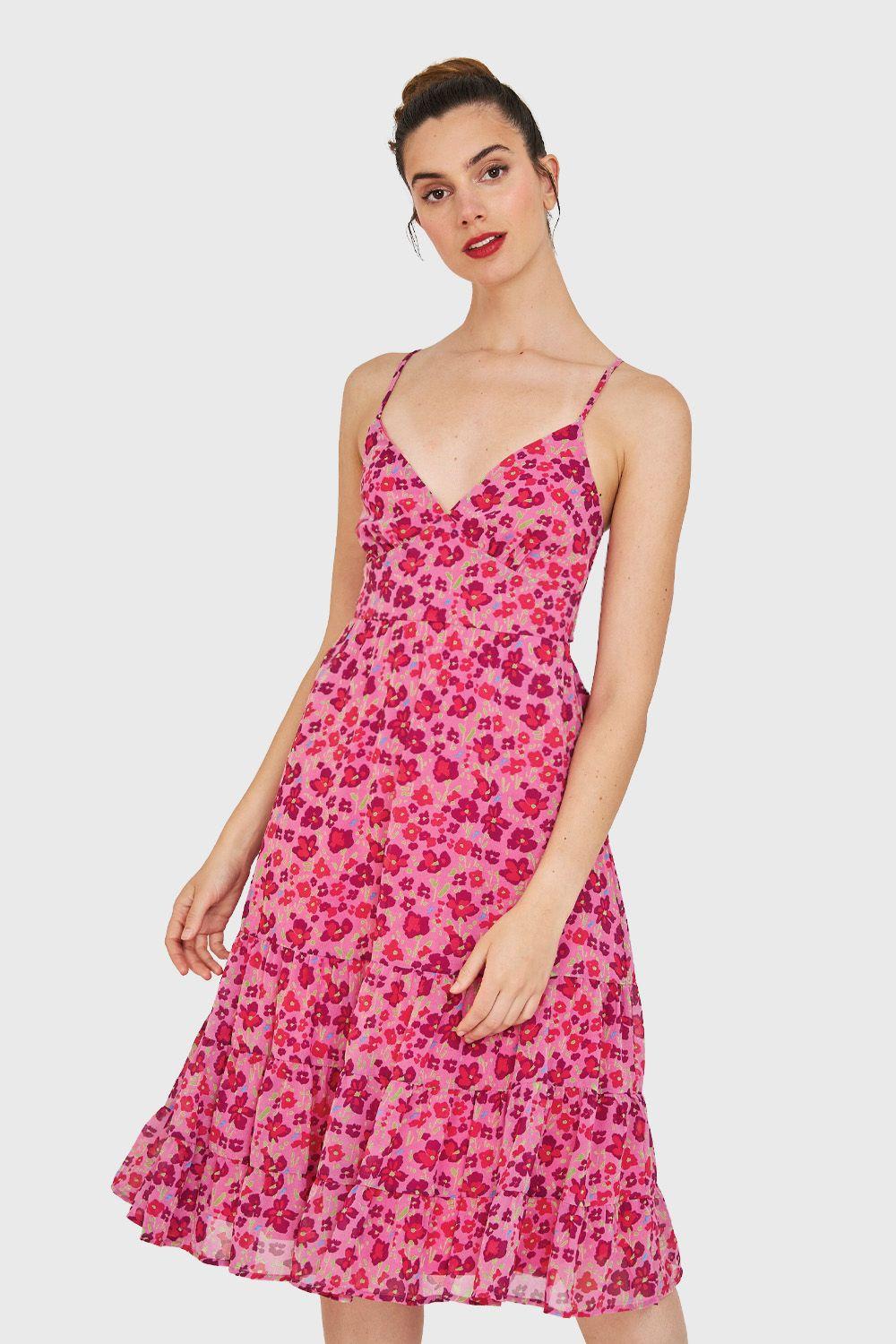 Vestido Flores Lazo Espalda Fucsia Nicopoly-0