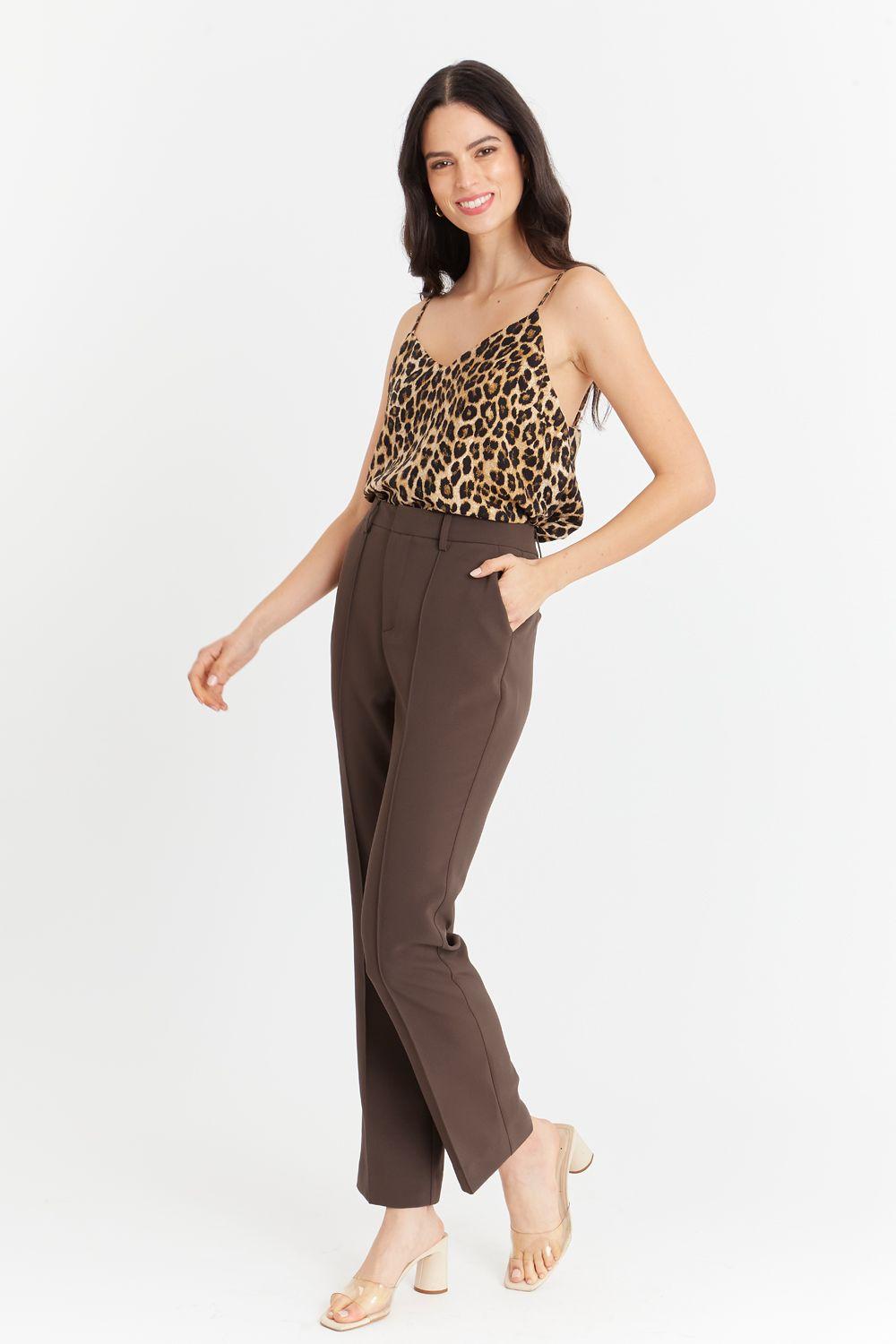 Pantalón Entallado Costuras Delanteras Café Nicopoly-1
