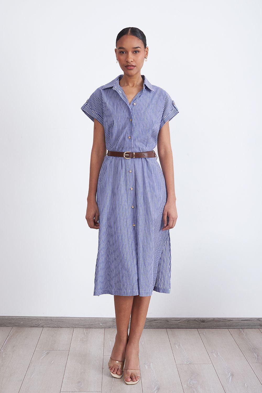 Vestido Rayas Camisero Celeste Nicopoly-0