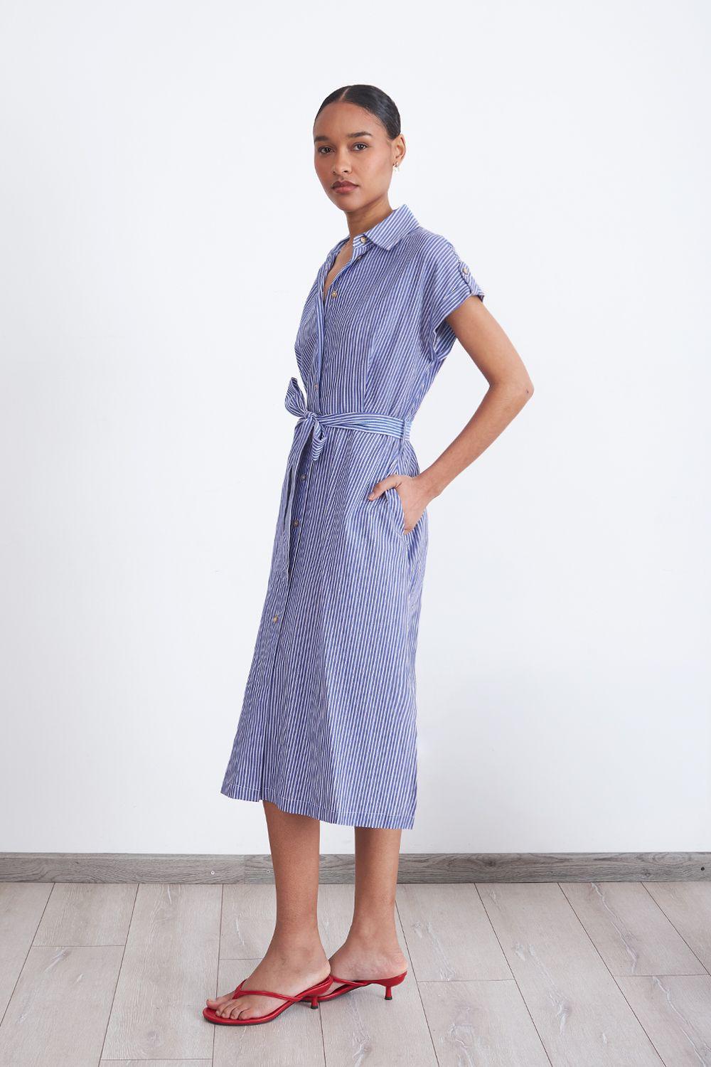 Vestido Rayas Camisero Celeste Nicopoly-2