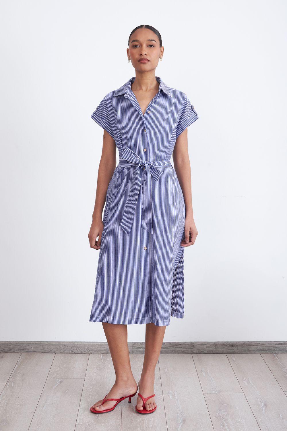 Vestido Rayas Camisero Celeste Nicopoly-4