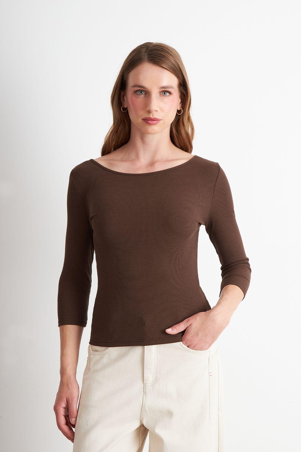 Polera Manga 3/4 Cuello Bote Café Nicopoly-0