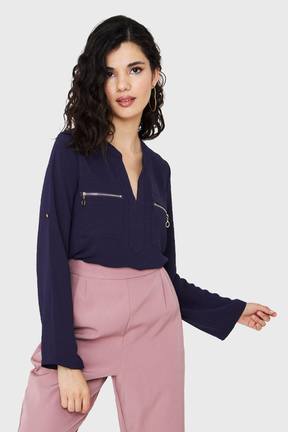 Blusa Cuello Mao Azul Marino Nicopoly-0