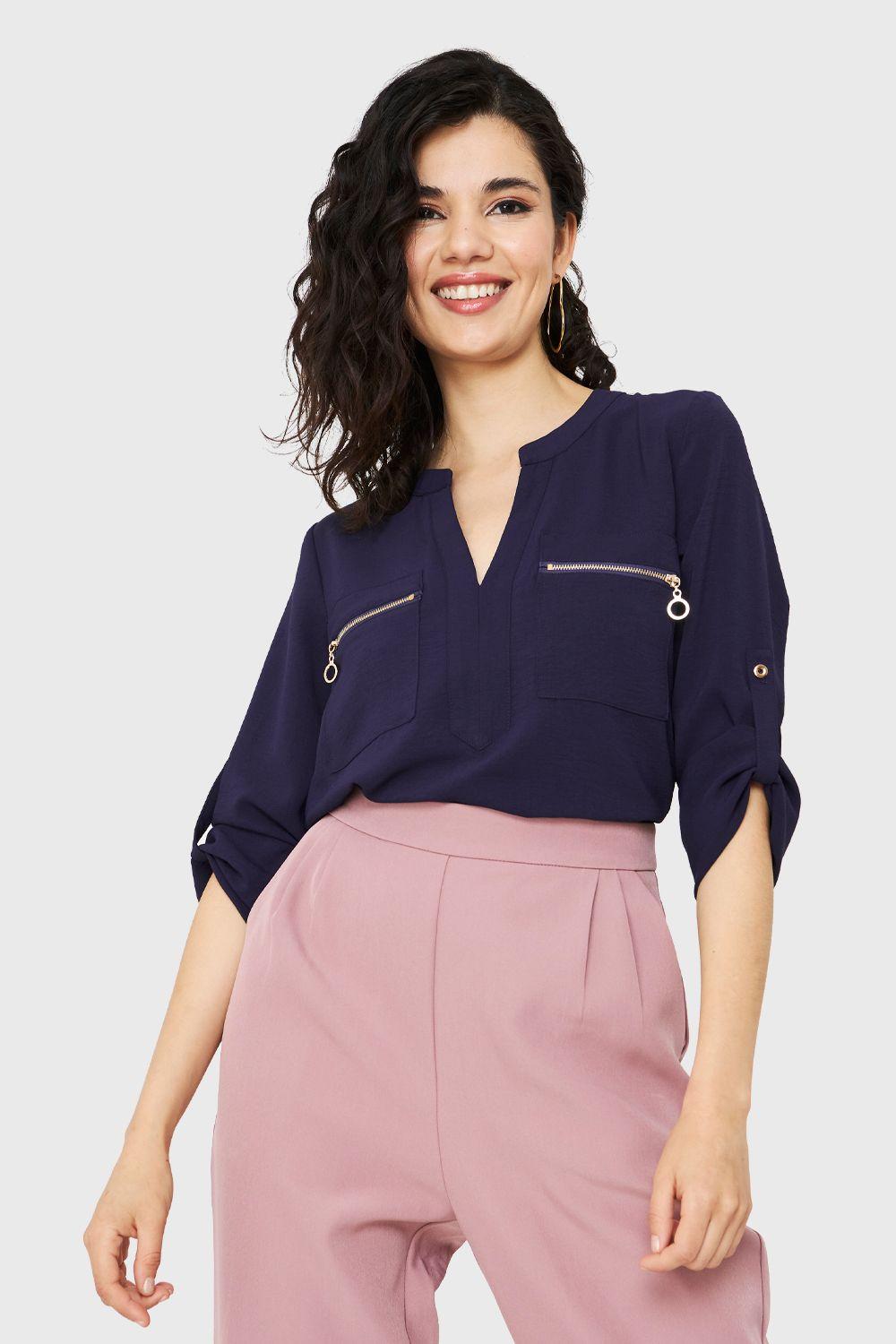 Blusa Cuello Mao Azul Marino Nicopoly-4