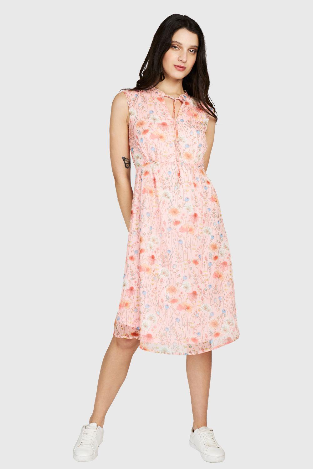 Vestido Amapolas Cuello Mao Rosado Nicopoly-1