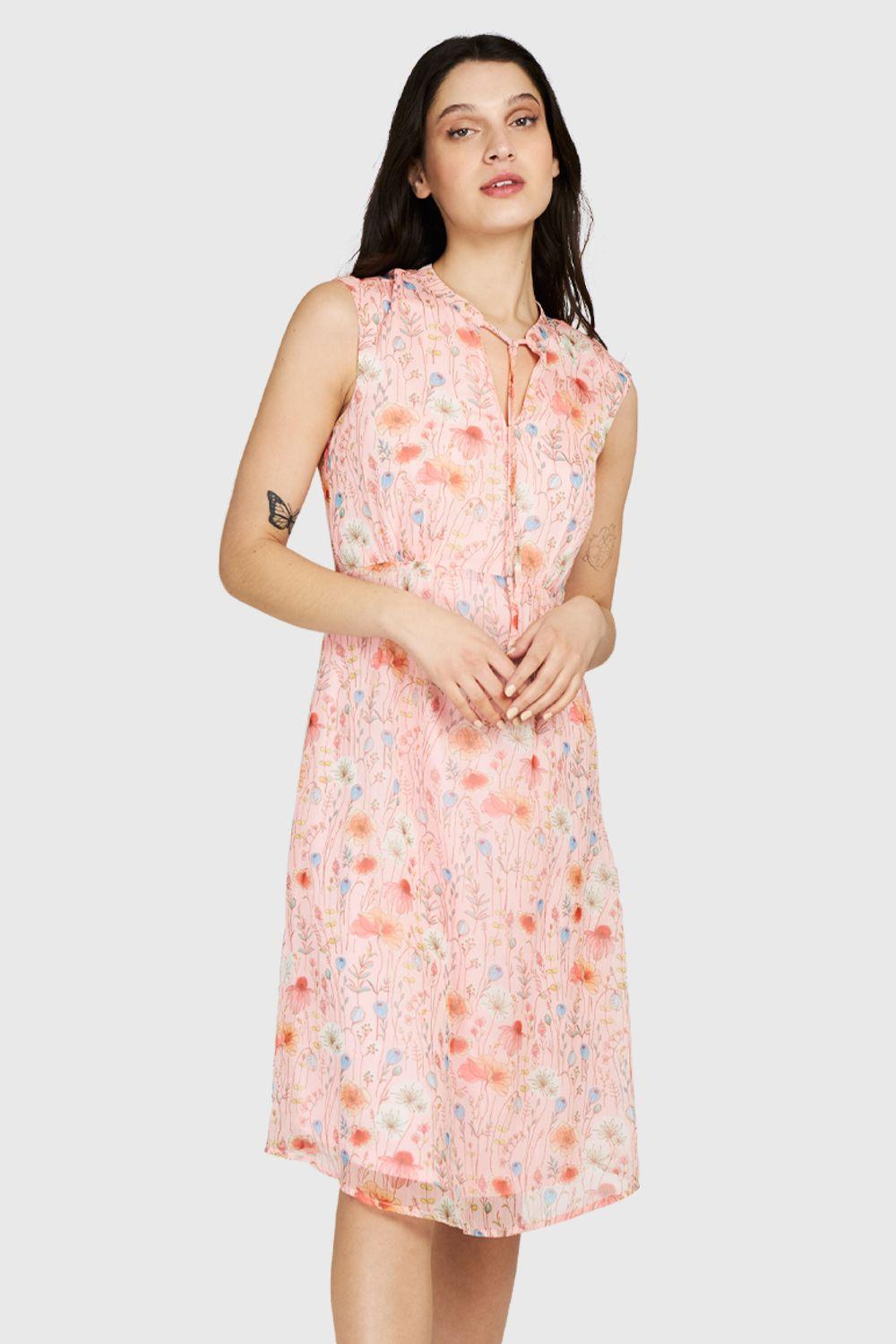 Vestido Amapolas Cuello Mao Rosado Nicopoly-0