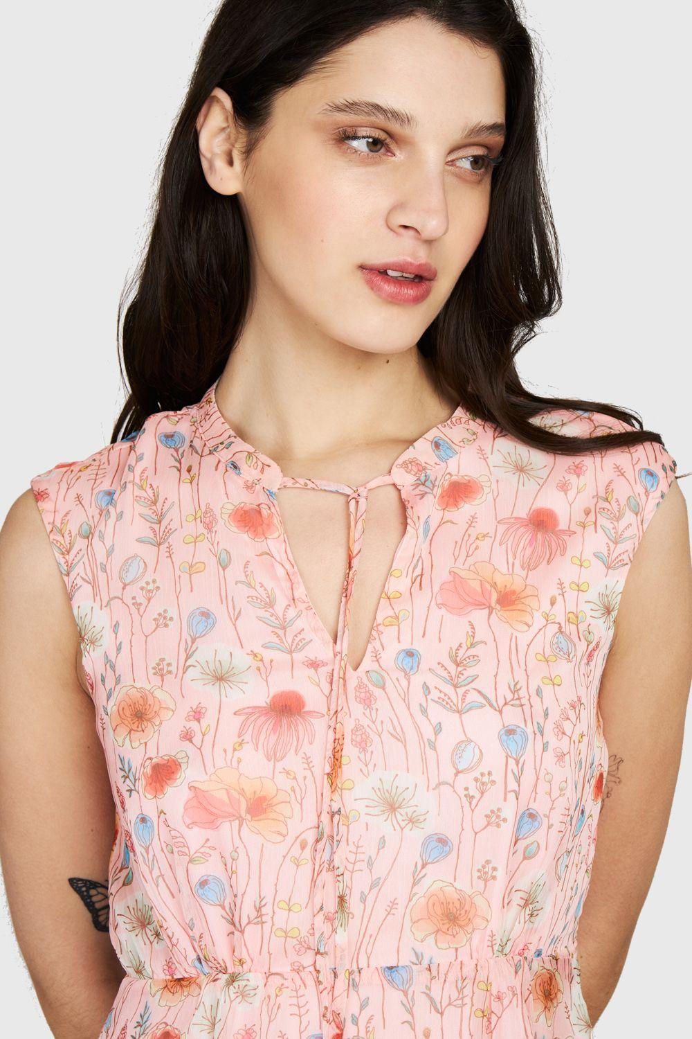 Vestido Amapolas Cuello Mao Rosado Nicopoly-4