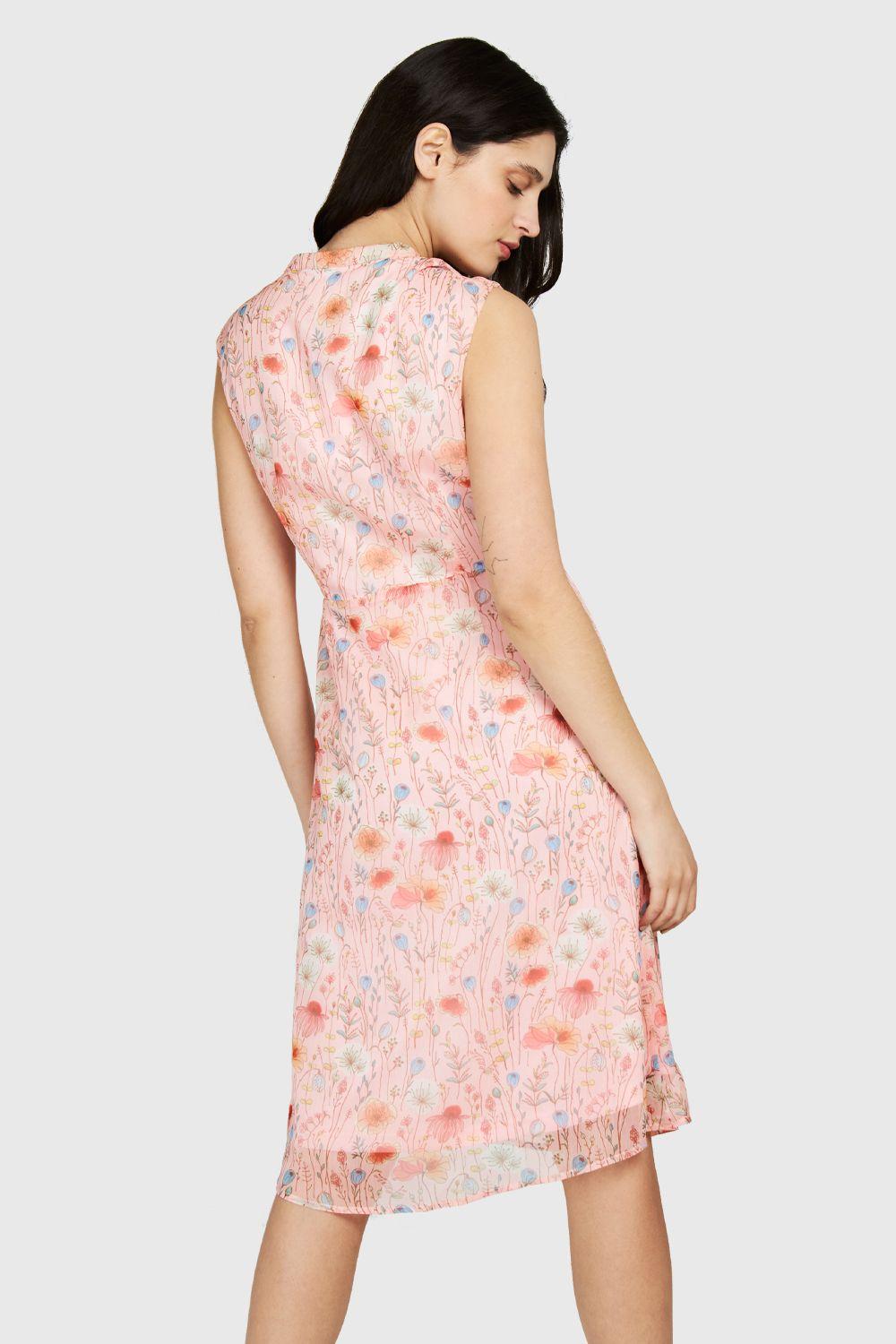 Vestido Amapolas Cuello Mao Rosado Nicopoly-3