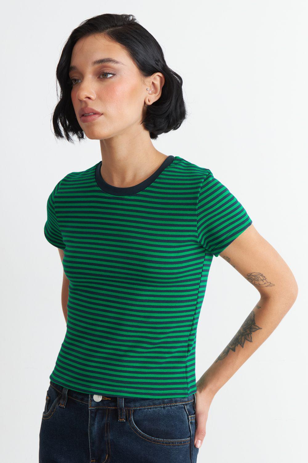 Polera Básica Cuello Redondo Líneas Verde Nicopoly-2