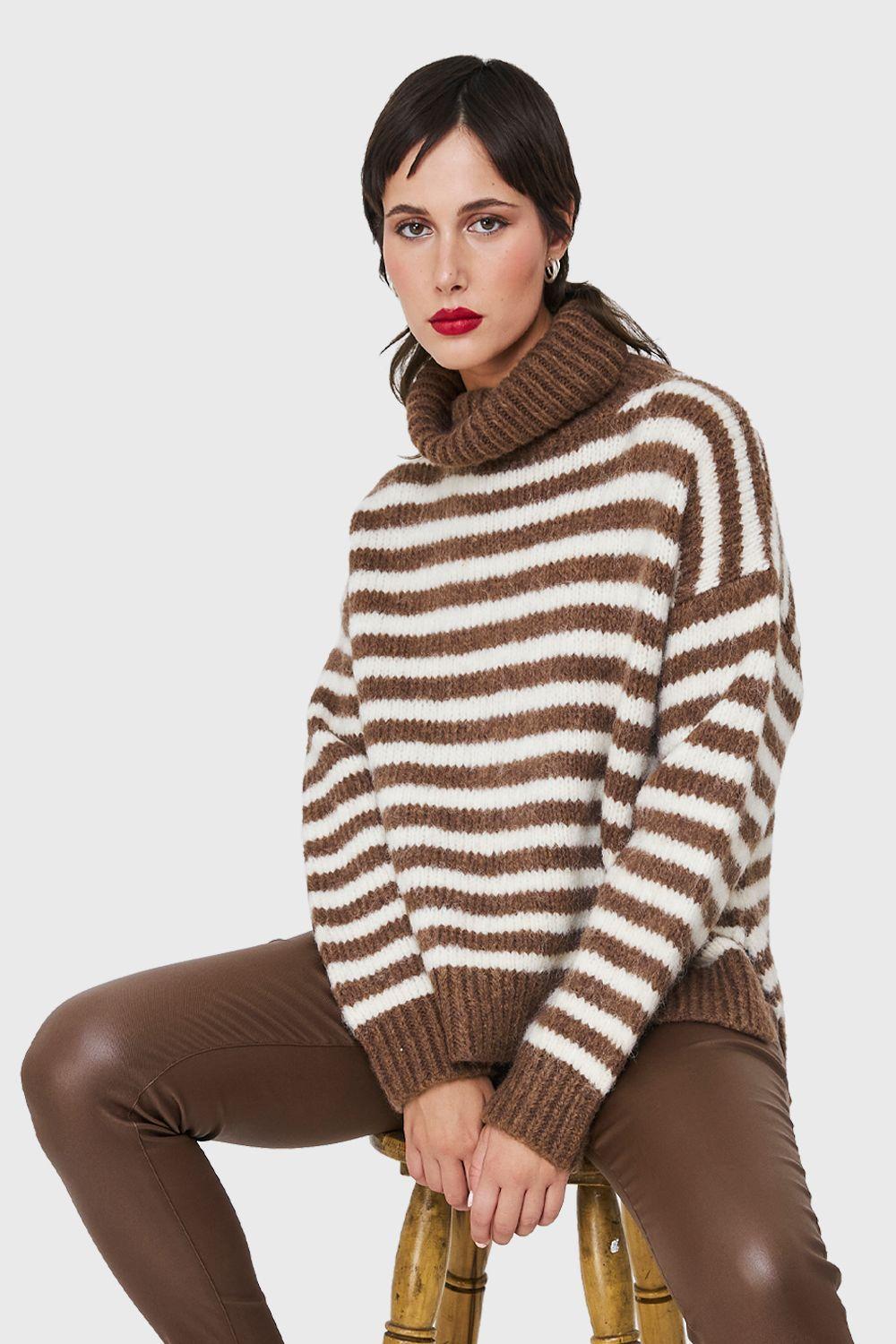 Sweater Holgado Rayado Cuello Alto Café Nicopoly-0