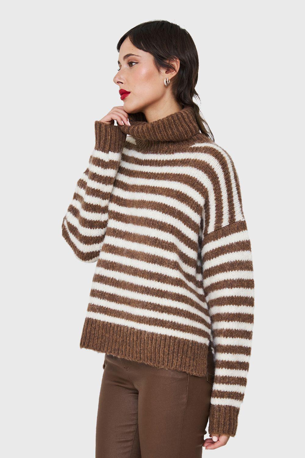 Sweater Holgado Rayado Cuello Alto Café Nicopoly-2
