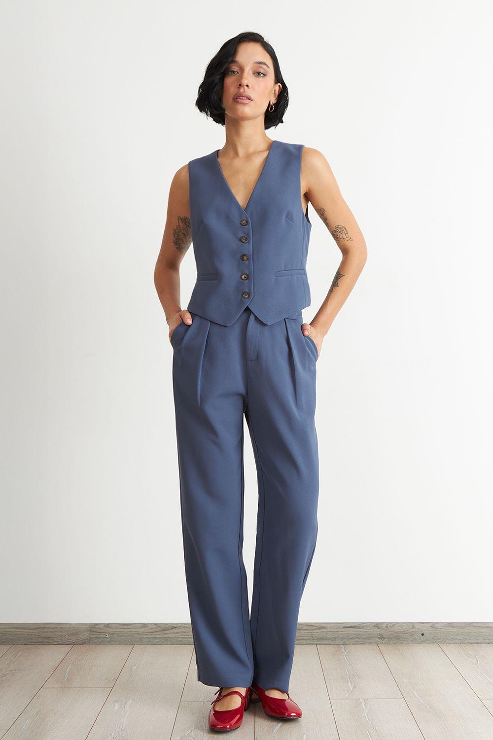 Pantalón Recto Con Pinza Azul Nicopoly-1