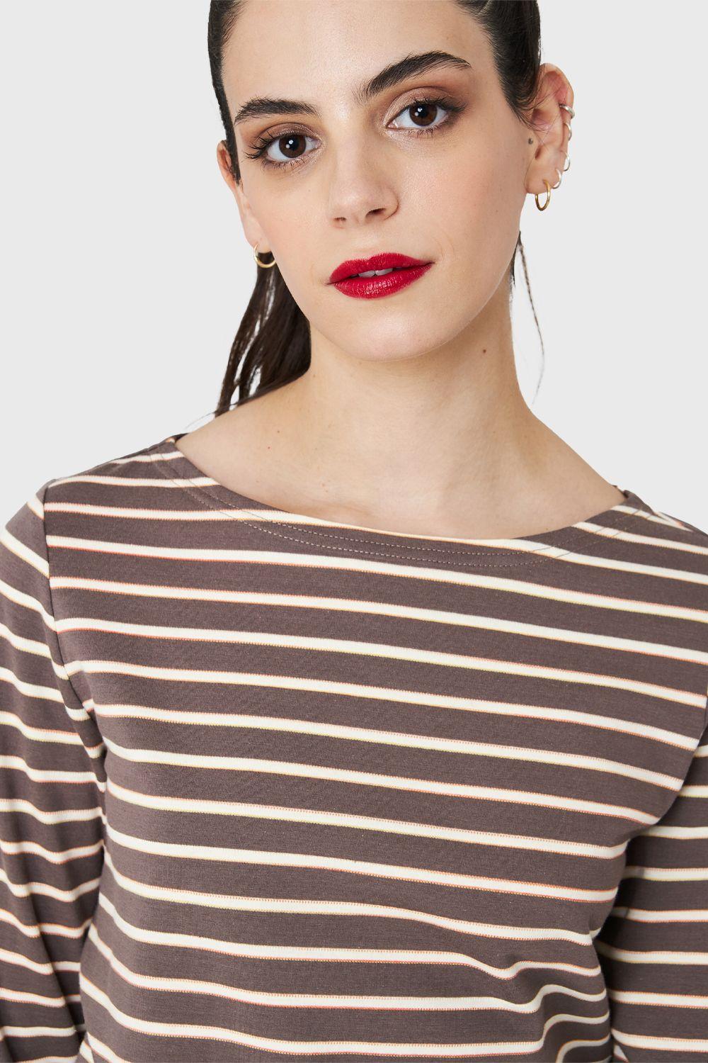 Polera Rayas Marinera Tajos Café/Blanco Nicopoly-5