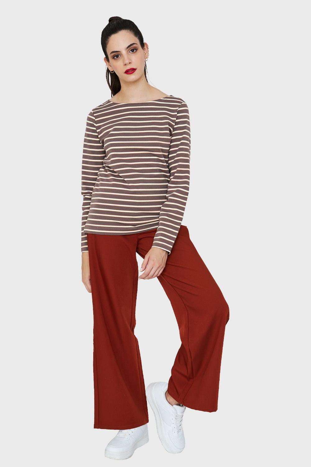 Polera Rayas Marinera Tajos Café/Blanco Nicopoly-1