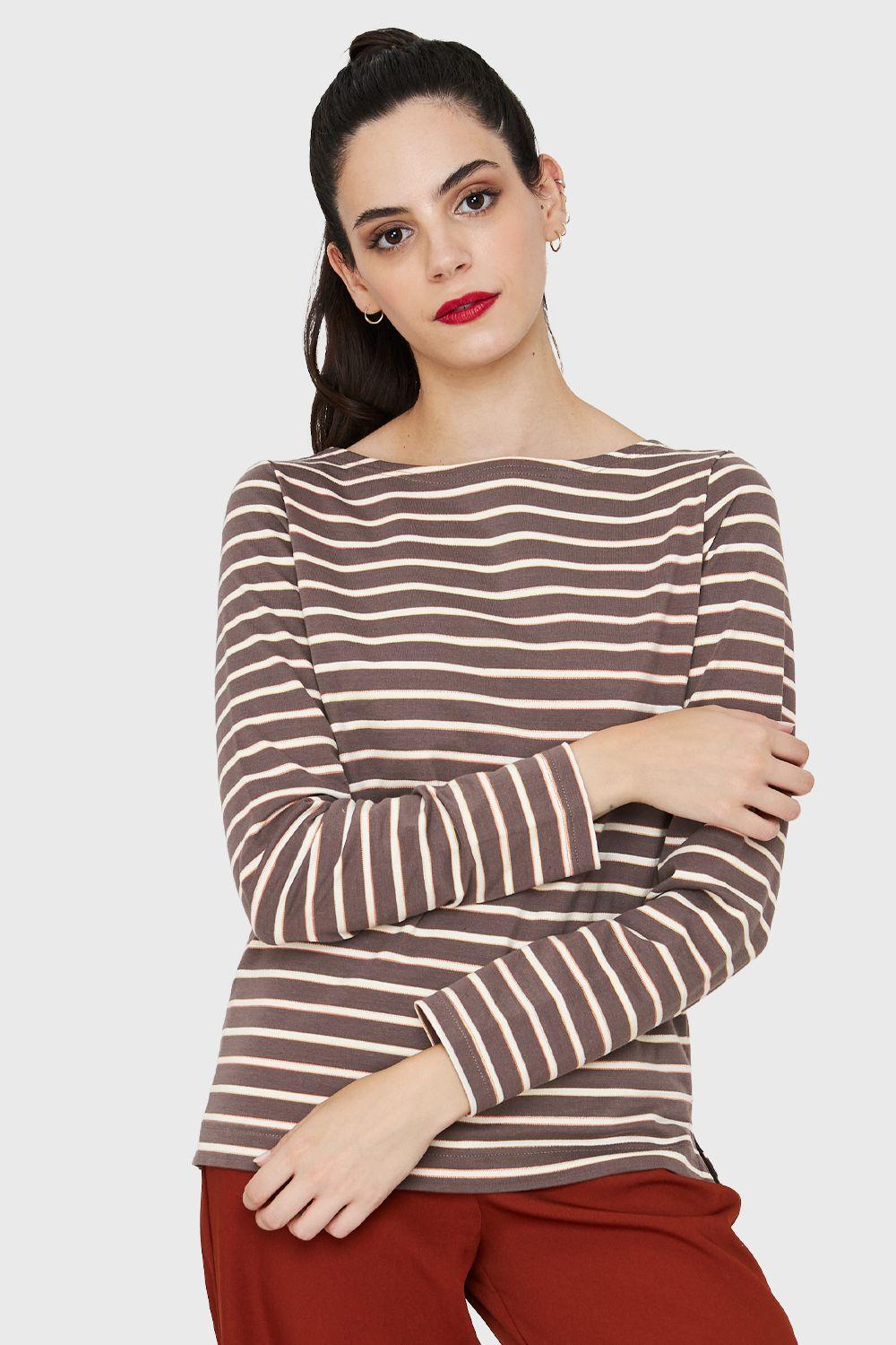 Polera Rayas Marinera Tajos Café/Blanco Nicopoly-0