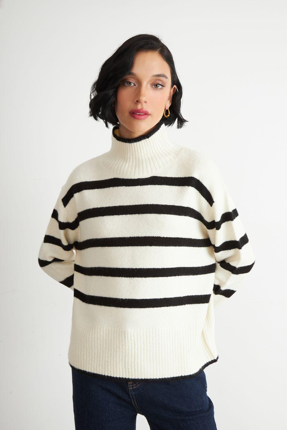 Sweater Cuello Alto Rayas Horizontales Blanco Nicopoly-0