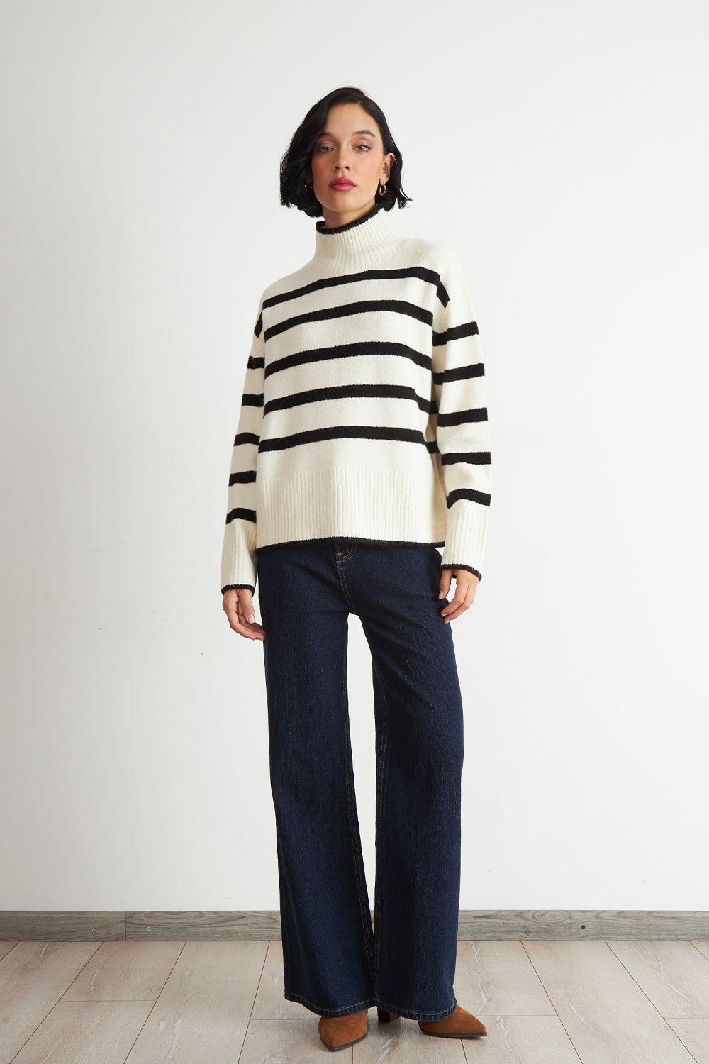 Sweater Cuello Alto Rayas Horizontales Blanco Nicopoly-1