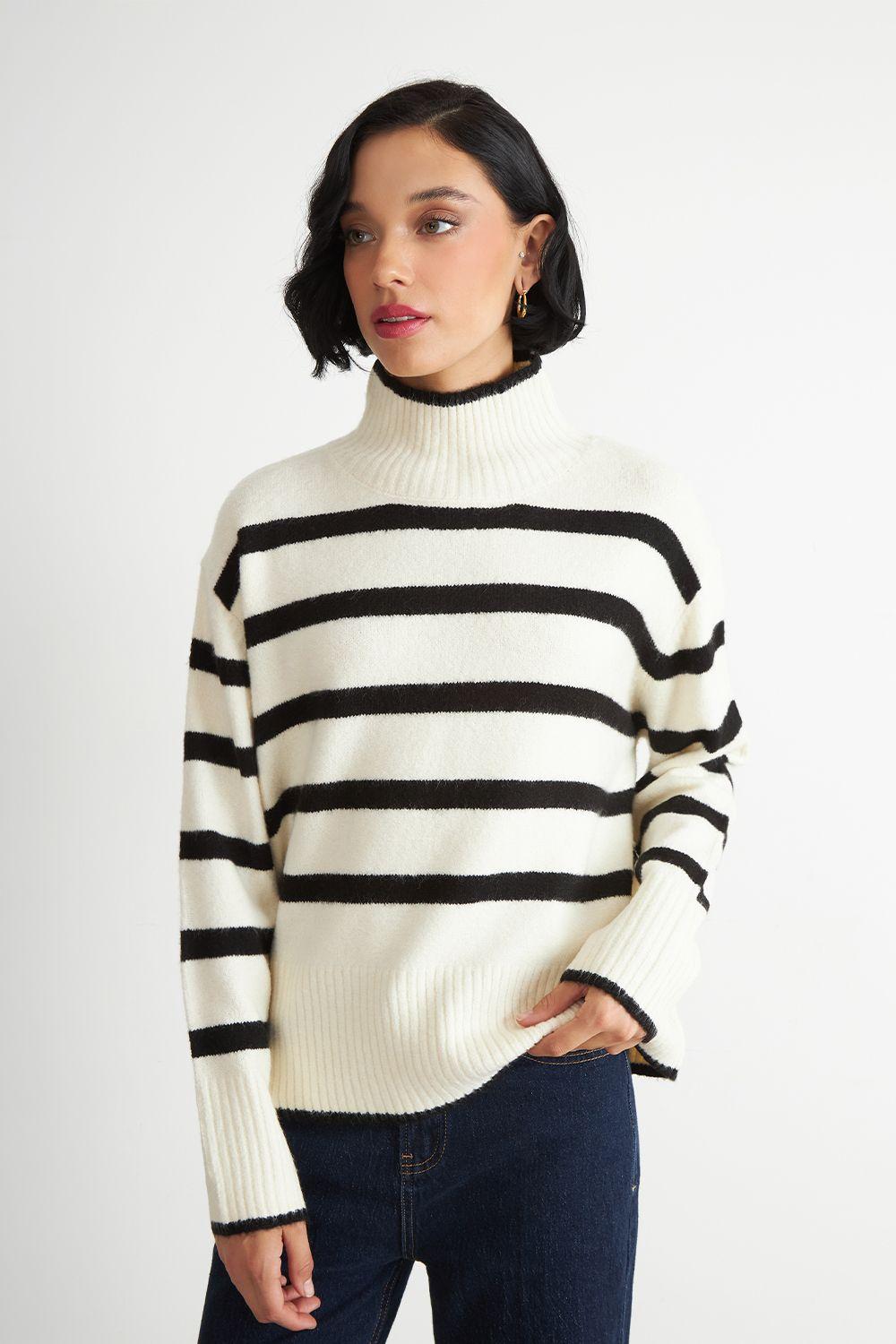 Sweater Cuello Alto Rayas Horizontales Blanco Nicopoly-4