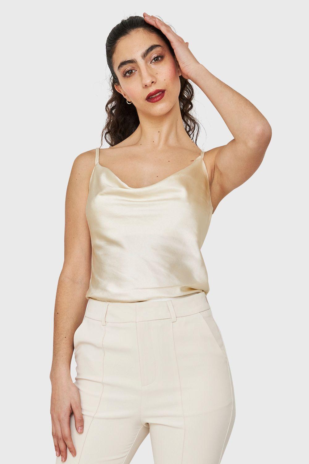 Top Tipo Satín Escote Drapeado Crema Nicopoly-0