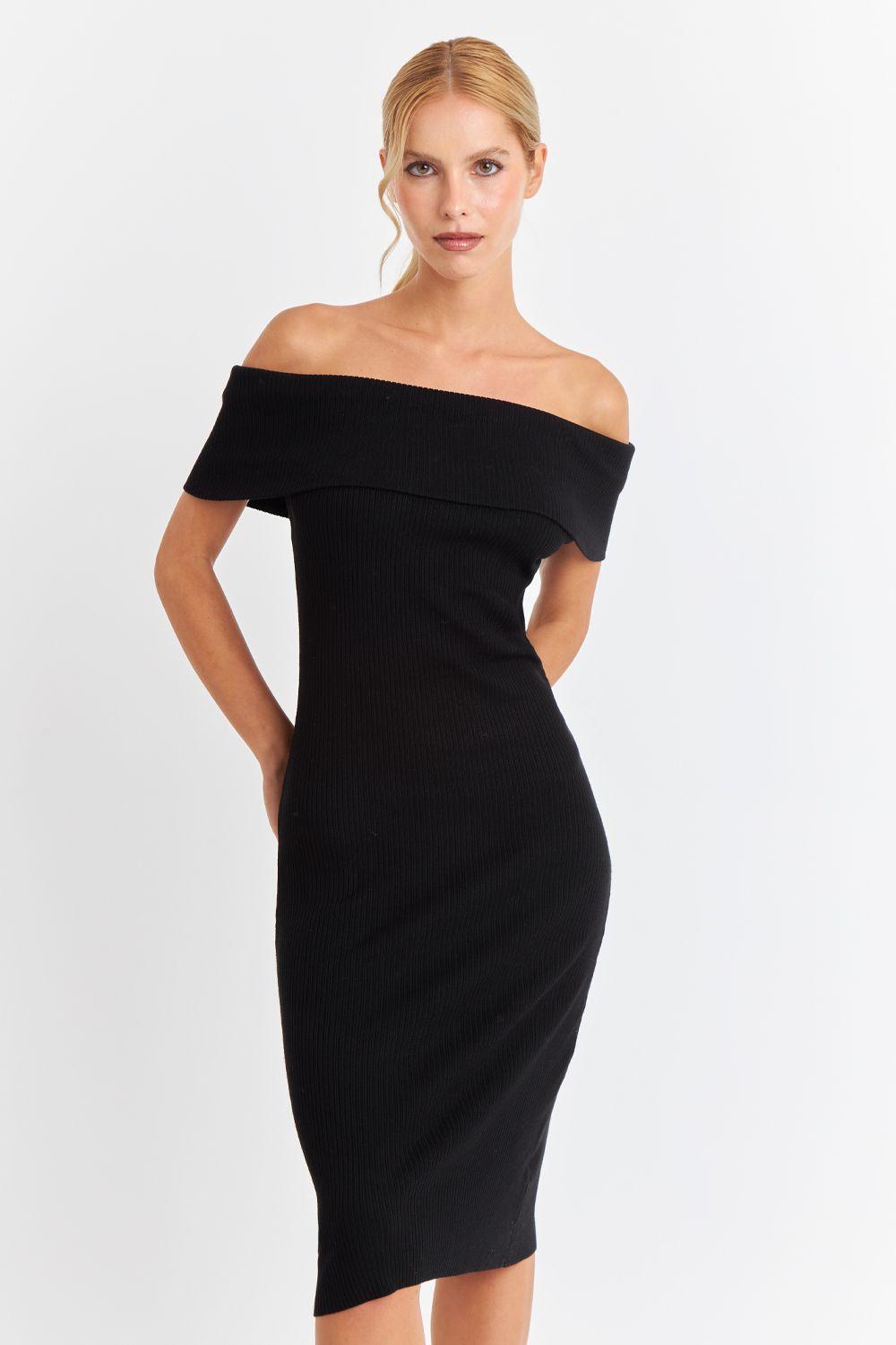 Vestido Acanalado Off The Shoulder Negro Nicopoly-0