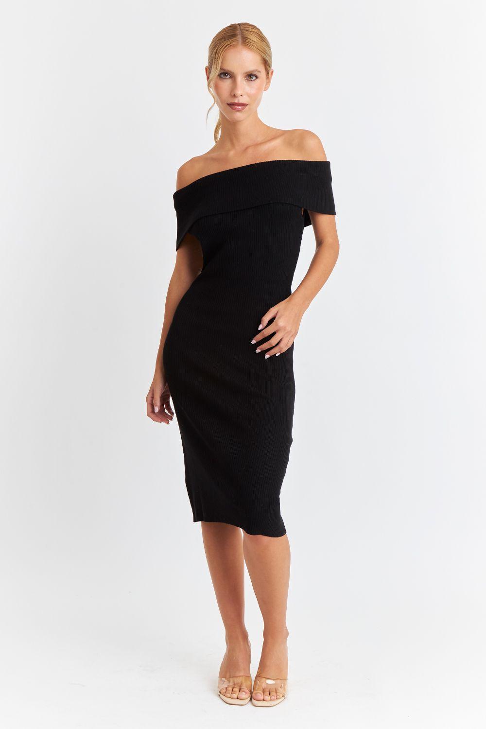 Vestido Acanalado Off The Shoulder Negro Nicopoly-1