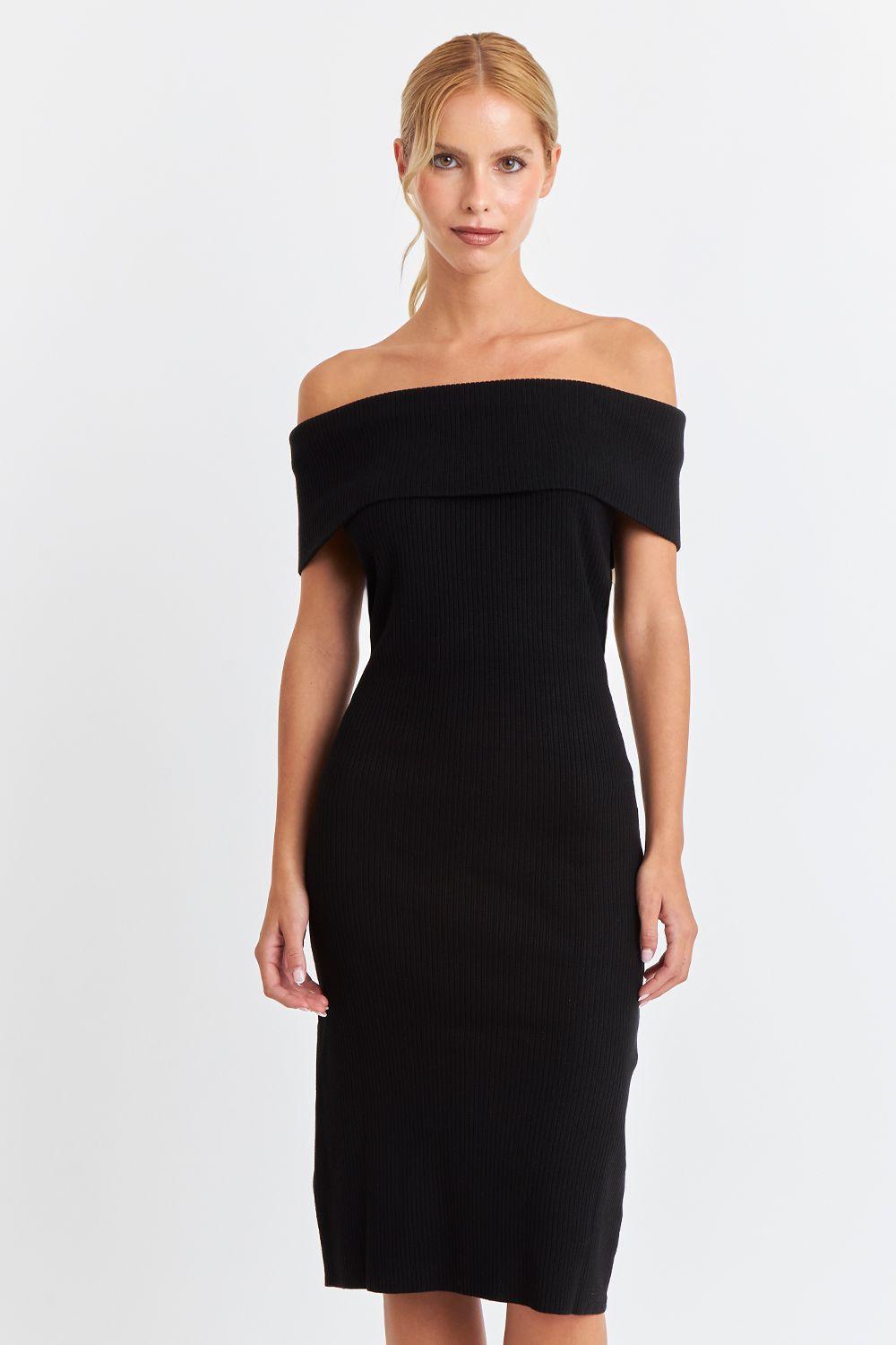 Vestido Acanalado Off The Shoulder Negro Nicopoly-3