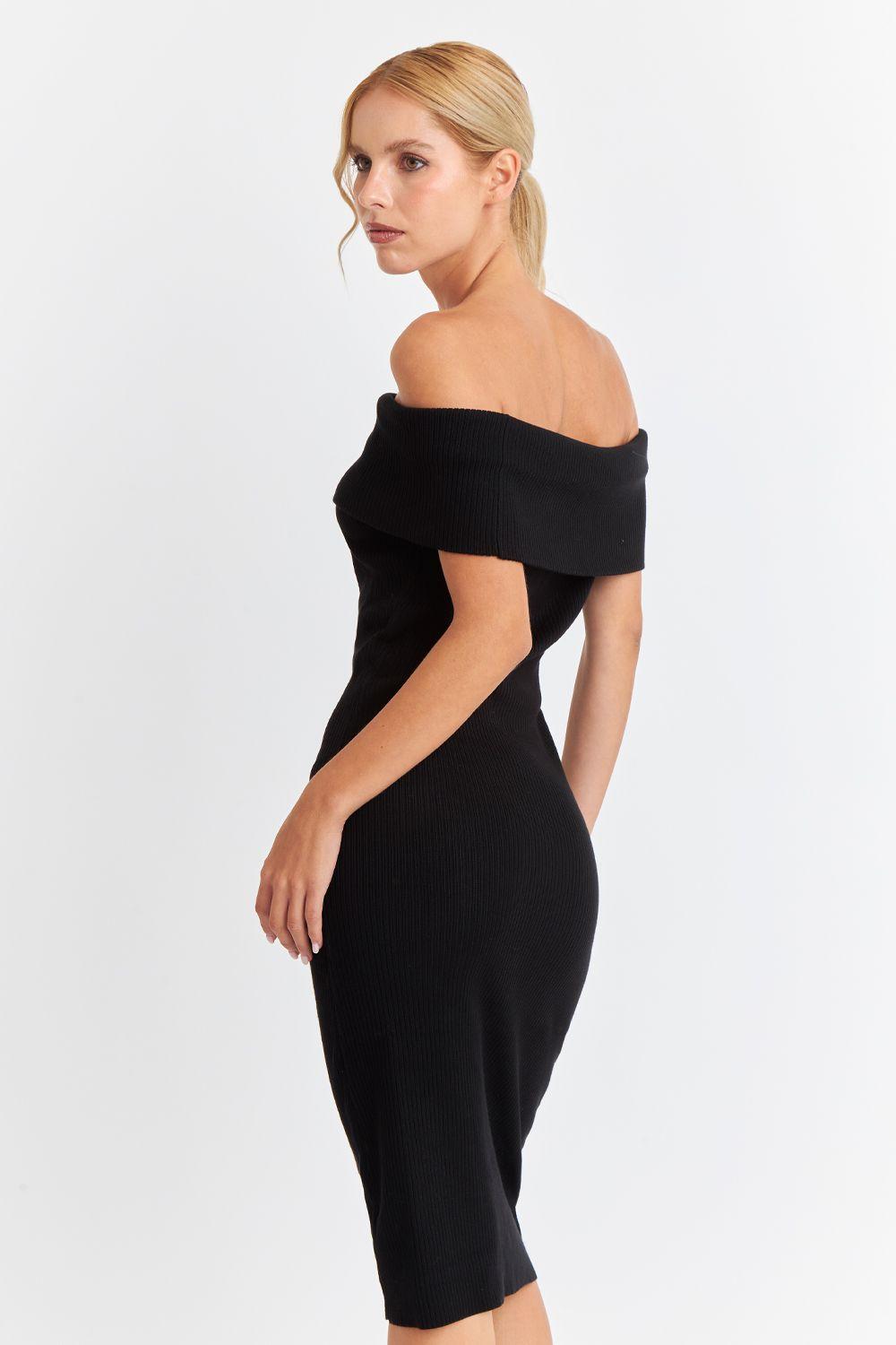 Vestido Acanalado Off The Shoulder Negro Nicopoly-4