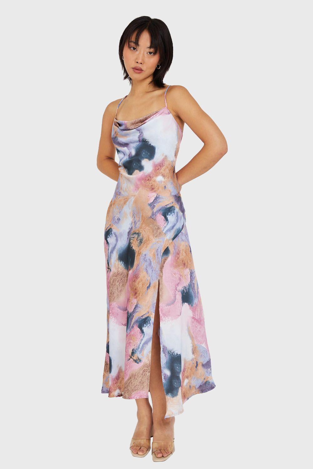 Vestido Tipo Satín Print Abstracto Rosado Nicopoly-0