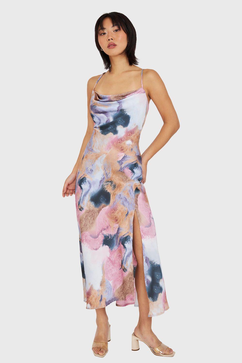Vestido Tipo Satín Print Abstracto Rosado Nicopoly-1