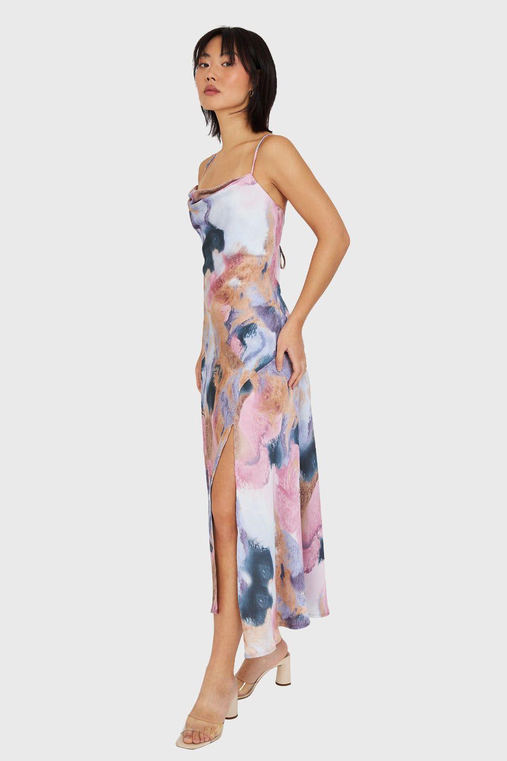 Vestido Tipo Satín Print Abstracto Rosado Nicopoly-2