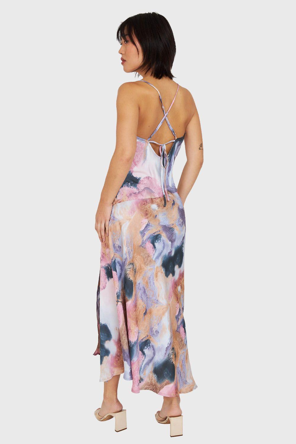 Vestido Tipo Satín Print Abstracto Rosado Nicopoly-3