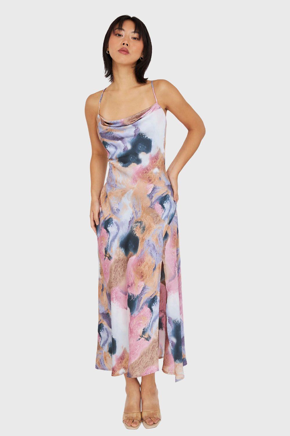 Vestido Tipo Satín Print Abstracto Rosado Nicopoly-4